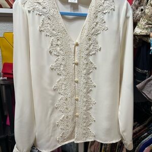 Cream Vintage Lace-Accent Blouse